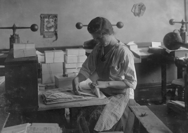 Packing the finished envelopes at Embossing shop.  1917