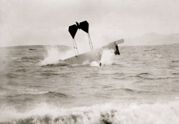 airplane of pilot and daredevil Hugh Armstrong Robinson (1881-1963) making a crash landing on water near Nice, France, 1912. 1912