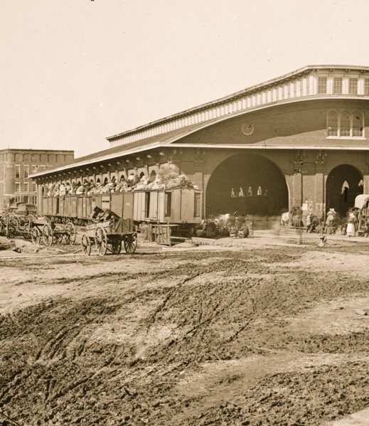 Atlanta, Ga. Boxcars with refugees at railroad depot 1864