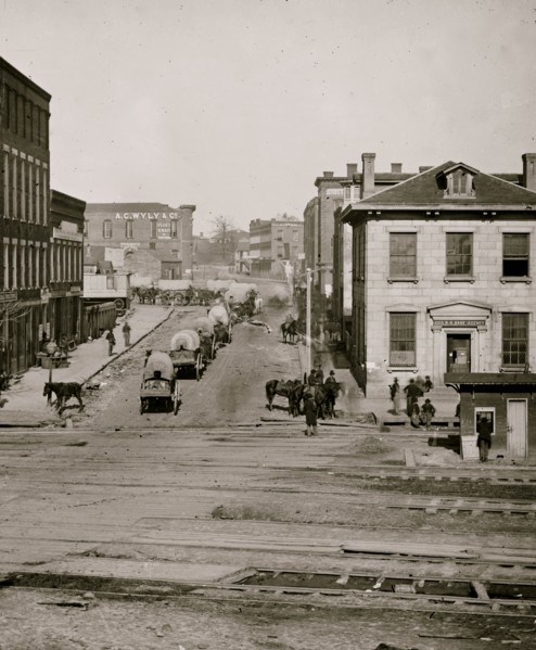 Atlanta, Ga. Northward view across the tracks on Whitehall Street, with wagon train 1864