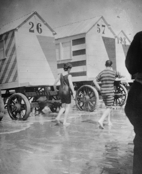 Beach at Scheveningen with dressing cabins in Hollandnear the Hague 1912
