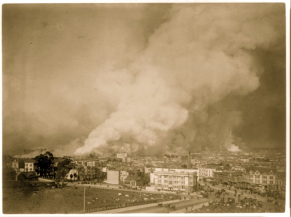Bird's-eye view of smoldering downtown section during the San Francisco earthquake and fire 1906