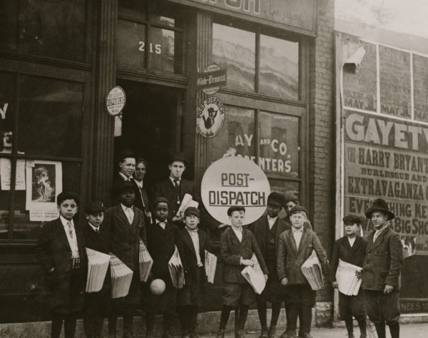 Post Dispatch Newspaper Depot where Newspaper boys pick up their papers. 1910