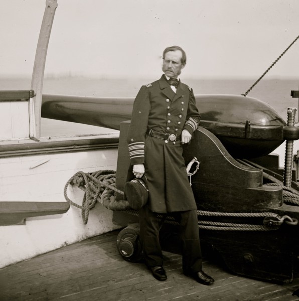 Charleston Harbor, South Carolina. Rear Adm. John A. Dahlgren standing by a Dahlgren gun on deck of U.S.S. PAWNEE 1864