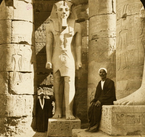 Colossal statue of Ramses II among the columns of the Temple of Luxor, Egypt 1908