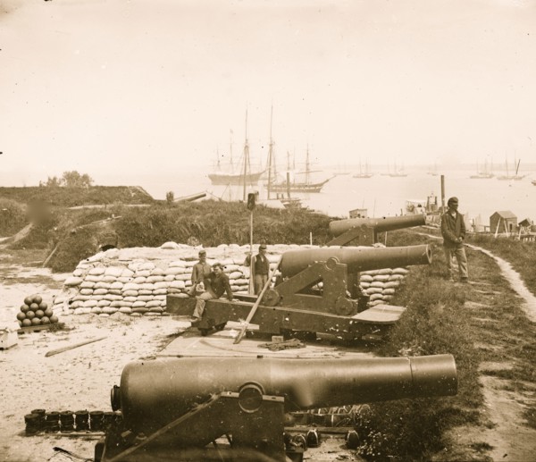 Confederate battery. Magruder with 8-inch Columbiads. Federal transports in river 1862