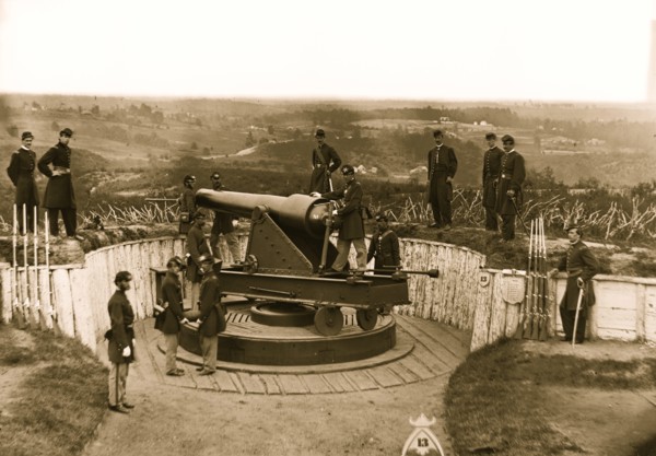 Massachusetts Heavy Artillery, and crew of 100-pdr. Parrott gun on iron barbette carriage at Fort Totten 1865