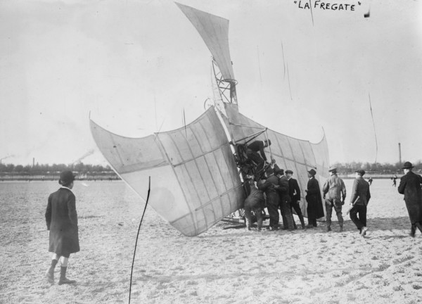 Early French Monoplane "La Frigate" in the Design of Leonardo Da Vinci Crashes Headlong into Ground