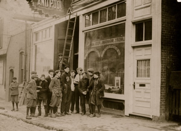 Elm Pool Room and Group of young loafers. New Bedford, Massachusetts. 1912