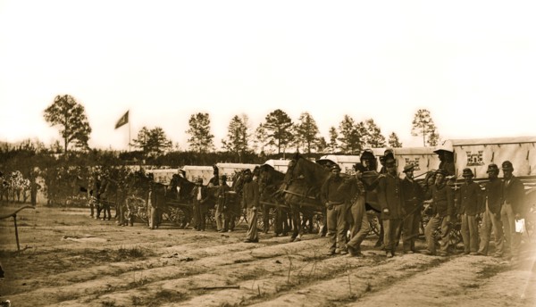 Falmouth, Va. Men and wagons of the Engineer Corps ambulance train 1863