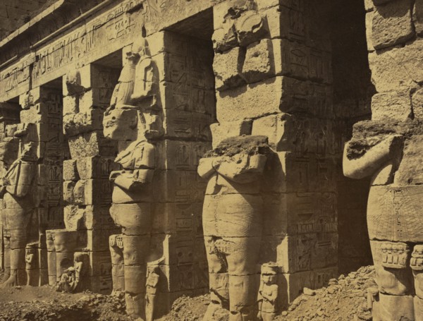 Five statues at the ends of square columns at the Grand Temple in Thebes 1880