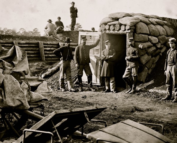 Fort Burnham, Va. (the former Confederate Fort Harrison). Federal soldiers in front of bomb-proof headquarters 1863