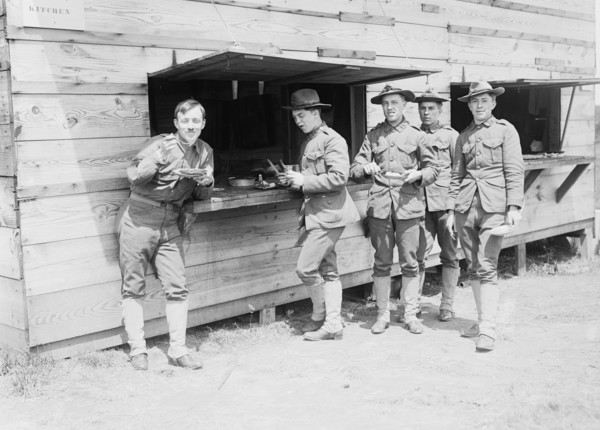 Fort Hamilton, soldiers of Co. A at kitchen 1908