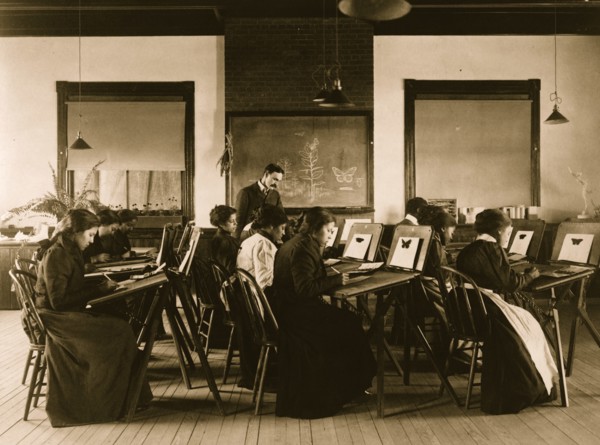 Group portrait of teacher and students at Hampton Institute painting watercolor pictures of butterflies 1899