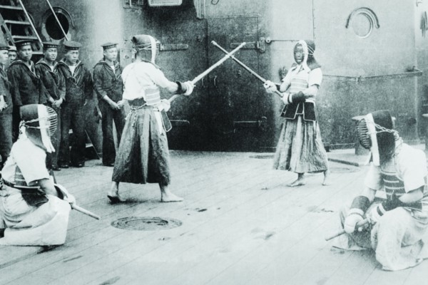 Japanese Sailors Fencing on Board Ship