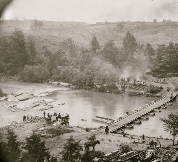 Jericho Mills, Virginia. Canvas pontoon bridge across the North Anna, constructed by the 50th New York Engineers, where the 5th Corps under Gen. Warren crossed. View looking down stream from north ban...