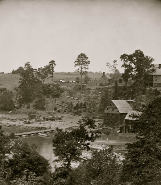 Jericho Mills, Virginia. Looking up North Anna river from south bank, canvas pontoon bridge and pontoon train on opposite bank, May 24, 1864 1864