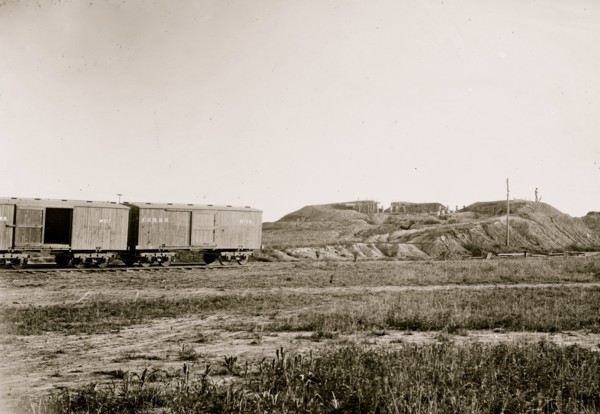 Manassas, Virginia. Confederate fortifications. (U.S. Military Railroad boxcars on left.) Orange & Alexandria Railroad 1862