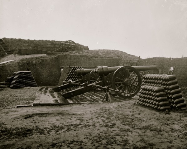 Morris Island, S.C. Two 100-pdr. Parrott guns and stacks of shells inside Fort Putnam 1865