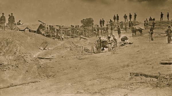 Petersburg, Virginia. Captain Andrew Cown's 1st New York Independent Battery Light Artillery within Confederate works on the Petersburg line 1865