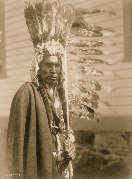 Piegan war-bonnet and coup-stick 1910