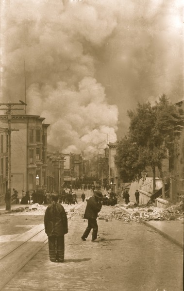Looking down at Street at a burning city after the earthquake 1906