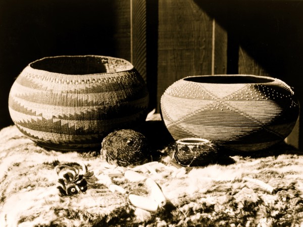 Pomo baskets and magnesite beads 1924