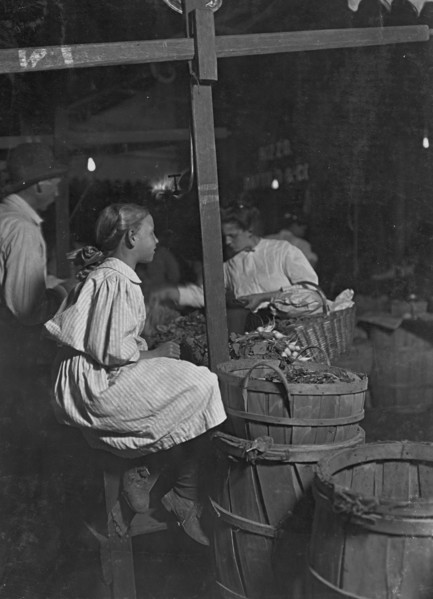 Radishes! Penny a bunch! Sixth St. Market, Cincinnati. 10 P.M. Saturday. Boys and girls sell all day, and until 11 P.M. 1908