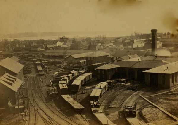 Bird's eye view of machine shops, with east yard of Orange & Alexandria Railroad 1863