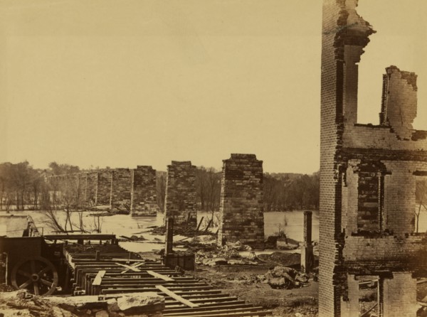 Ruins of Petersburg and Richmond railroad bridge, across the James 1864