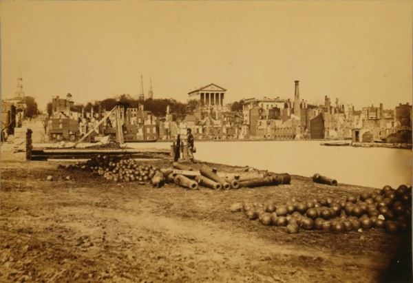 View taken from south side of canal basin, Richmond, Va., - April, 1865--showing Capitol, Custom House, etc. 1863
