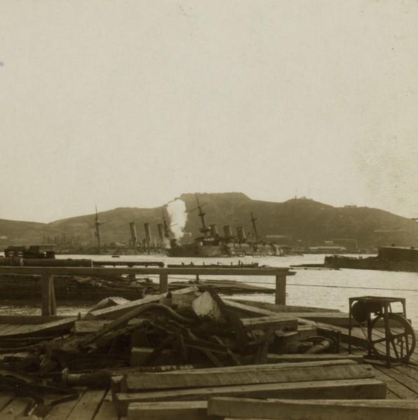 Russia's fleet being sunk by Japanese shells  1905