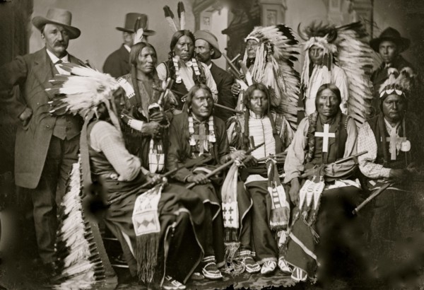 Sioux and Arapahoe Indian Delegations. L to R Seated - Red Cloud, Big Road, Yellow Bear, Young Man Afraid of his Horses, Iron Crow. L to R Standing - Little Bigman, Little Wound, Three Bears, He Dog 1...