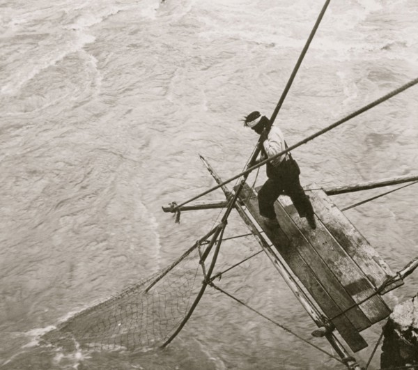 Siwash Indian fishing for salmon - pushing down the net, Fraser River, B.C., Canada 1906