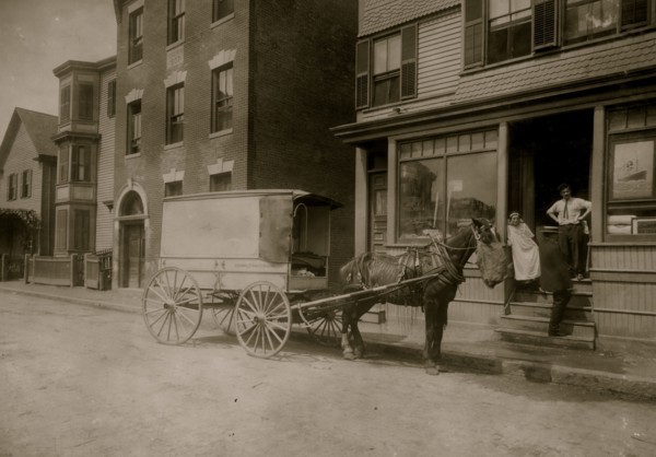 The wagon that delivers Home Work to Somerville, Mass. The owner of the wagon (who is not the driver) is O. H. Brown, 27 Main Street, Reading, Mass. These wagons (about 4 in all) are worked on commiss...
