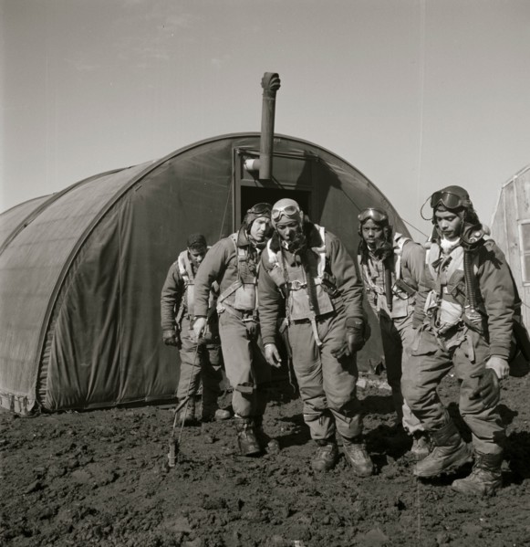 Tuskegee airmen exiting the parachute room, Ramitelli, Italy, March 1945 1945