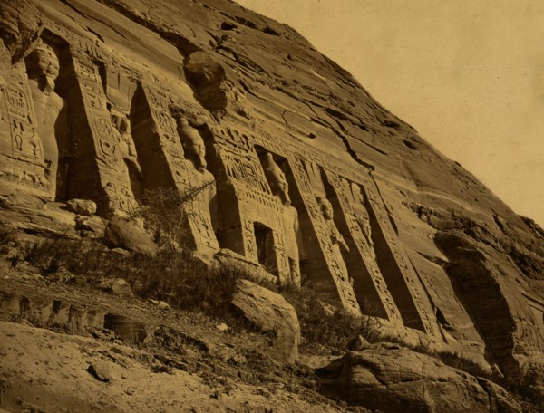 View of facade of the small temple at Abu Sunbul, Egypt, showing sculptures of Hathor and Ramses II. 1880