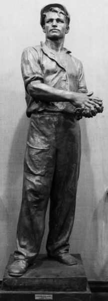 A worker' bronze sculpture by v, sokolov at the all-union art exhibition, 1950.