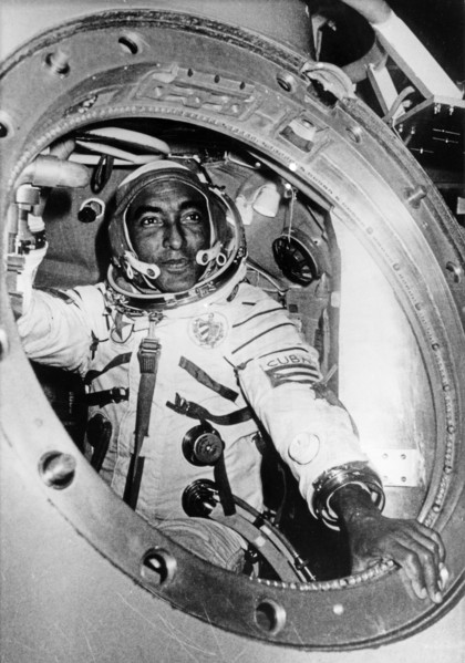 Cuban researcher-cosmonaut lieutenant-colonel arnaldo tamayo mendez in a simulator at the gagarin cosmonauts' training center preparing for the soyuz-38 space mission to the salyut 6 space station, se...