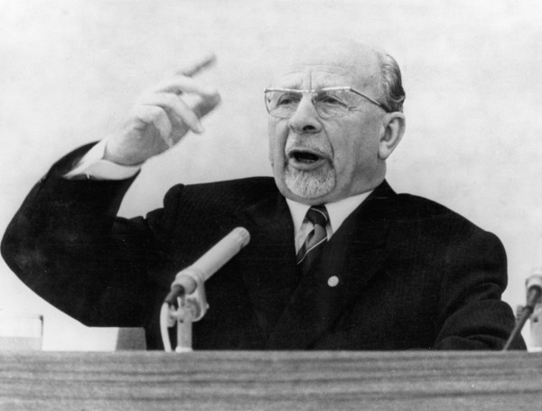 Walter ulbricht speaking at an international press conference in east berlin, january 19, 1970, he underlined the attitude of the gdr to the cause of safeguarding peace by concluding a treaty on the e...
