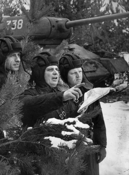 World war 2, soviet tank crew consulting a map in ukraine.