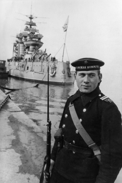 Black sea fleet, a soviet sailor on watch at the battleship paris commune, march 1943.