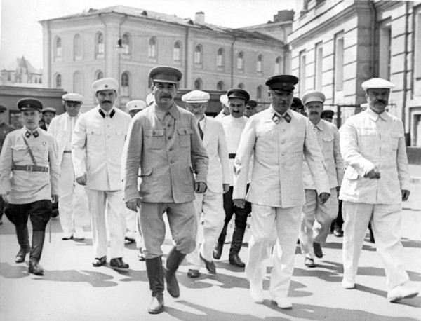 Red square, moscow, ussr july 24 1936, all-union physical culture parade, left to right, leaving kremlin to go to red square: nikolay yezhov (head of nkvd), dimitrov (third  row), l,m, kaganovich, jos...