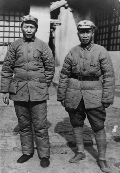 Mao zedong (tse tung) and zhu de (chu te) in yenan communist mountain stronghold about 1937, after the long march, sino-japanese war.