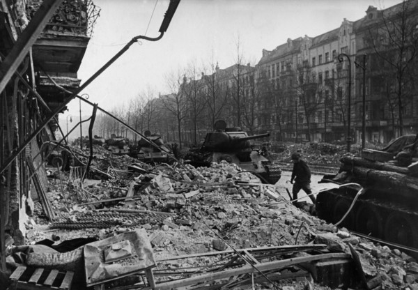 Soviet armored division re-grouping on a street cleared of germans, berlin, germany, 1945.