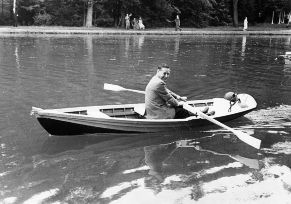 Us ambassador charles bohlen rowing on the lake at n,a, bulganin's picnic party for foreign diplomats and journalists visiting moscow, august 1955.