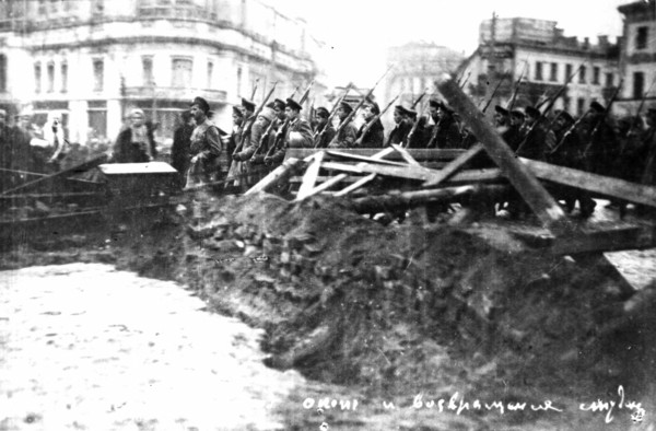 White guard student company marching along barricades in arbat square in moscow, october - november, 1917.