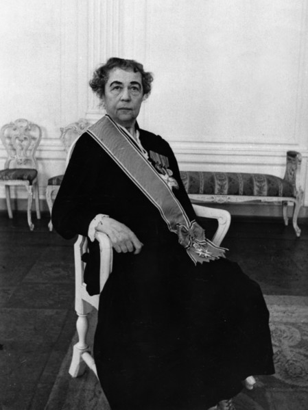 The first soviet ambassador to norway, alexandra kollontai, at the norwegian embassy after being awarded the order of saint olaf, june 10, 1946.