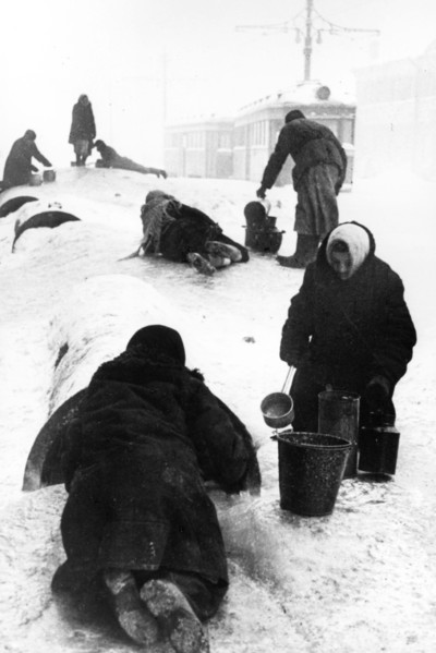 world war ll: people collecting water on the zvenigorod street in leningrad, during the blockade, jan, 1942.