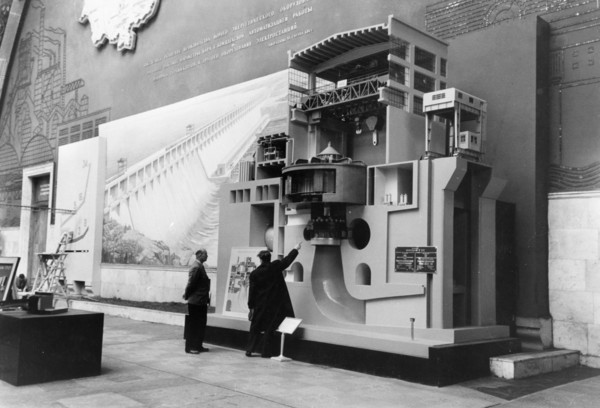 A model of the bratsk hydro-electric power plant on display at the ussr agricultural exhibition and the ussr industrial exhibition in moscow, 1957, the plant has a capacity of 204,000 kw, at the time,...